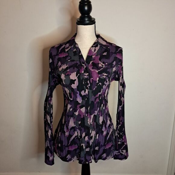 Fred David Blouse Women's XL Purple Floral Wrinkled Stretch Office Career Y2K - Picture 1 of 9
